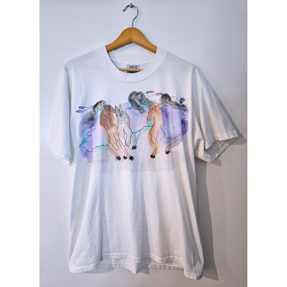 Oneita Graphic T-Shirt Mens XL White Good Vintage 90s Southwest Horses Art